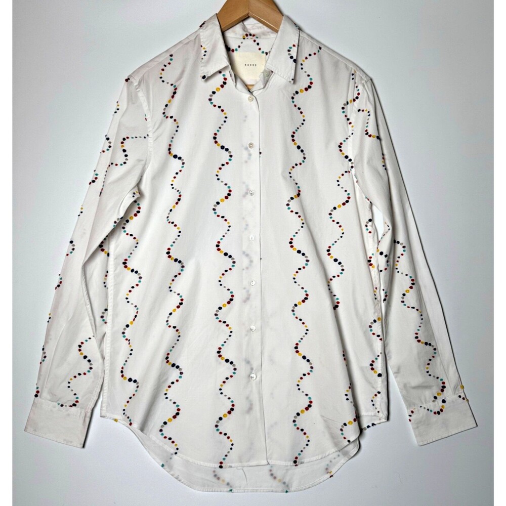 Xacus Mens Italian Button Up Shirt EU 46 White Multicolor Embroidered‎ Wavy Dots